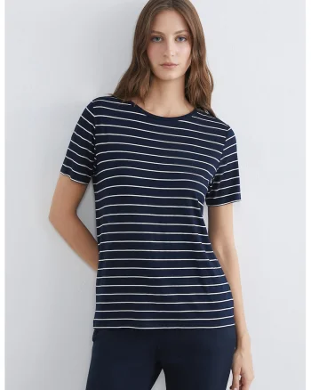Tricou cu decolteu la baza gatului si dungi, Alb/Bleumarin