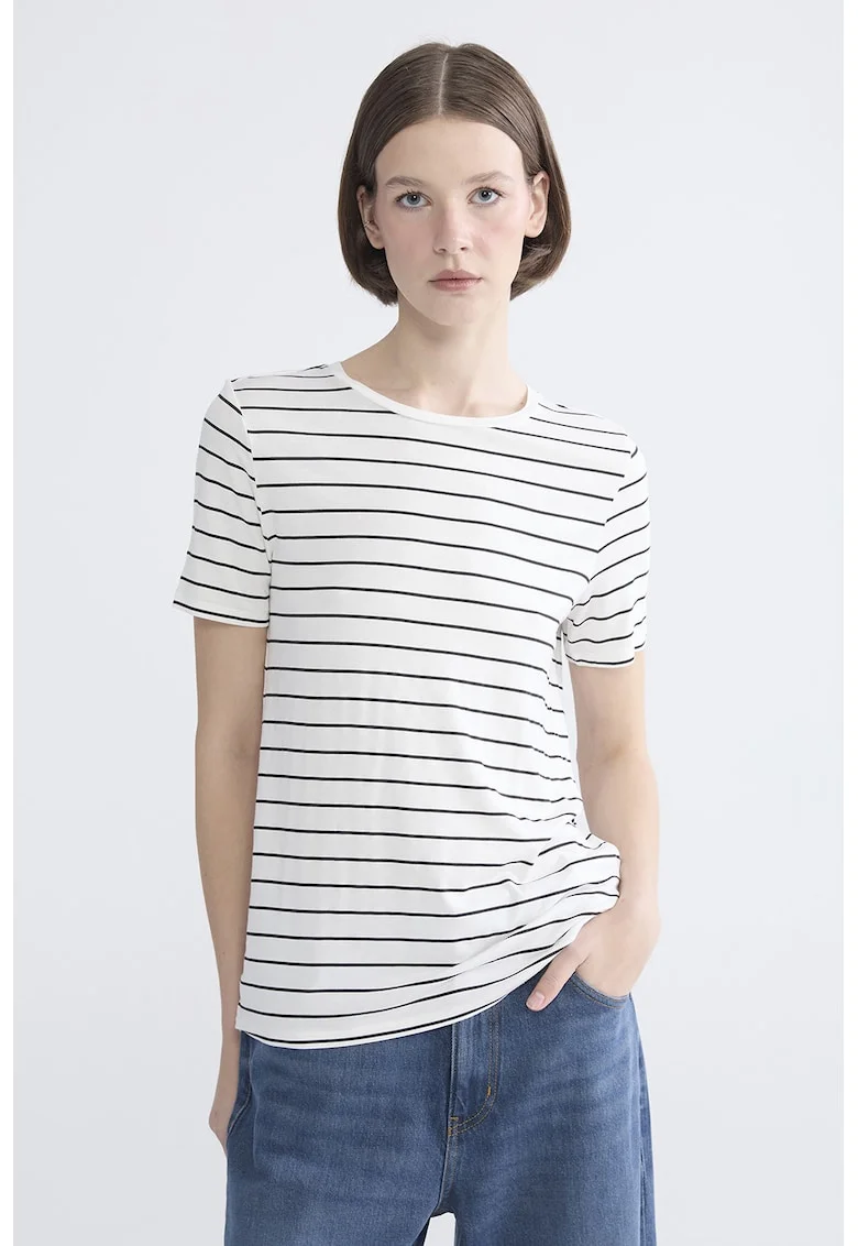 Tricou cu decolteu la baza gatului si dungi, Alb/Negru