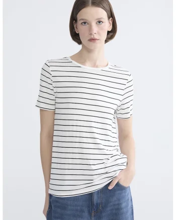 Tricou cu decolteu la baza gatului si dungi, Alb/Negru