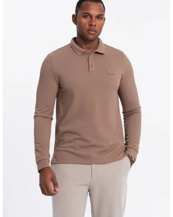Bluza polo cu fenta cu fermoar, Maro camel