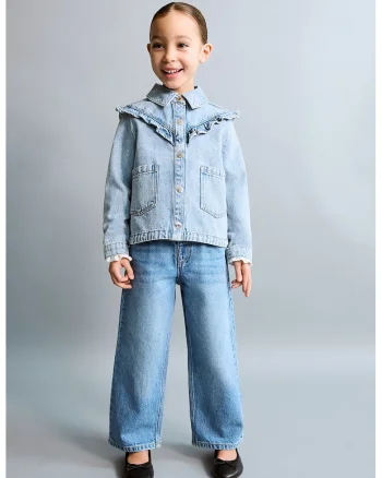 Jacheta din denim cu detalii cu volane, Albastru deschis