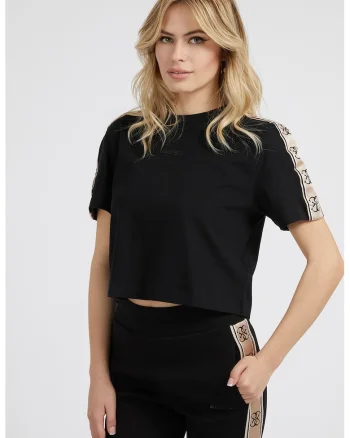 Tricou crop de bumbac cu segmente laterale cu logo, Negru