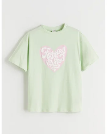 Tricou lejer de bumbac cu imprimeu, Alb/Roz pastel/Verde fistic