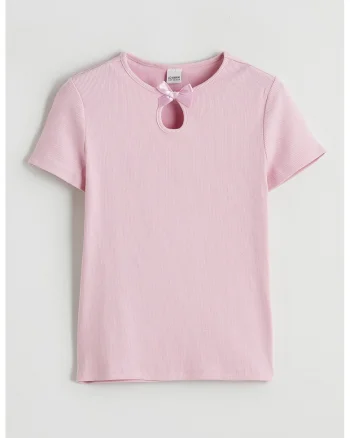 Tricou uni din amestec de bumbac cu decupaj decorativ, Roz deschis