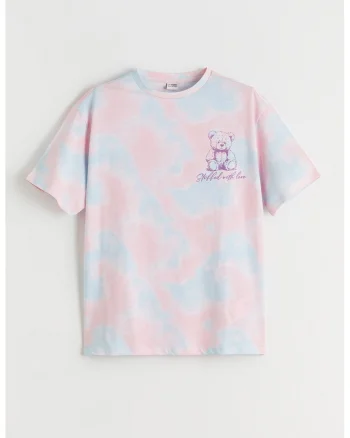 Tricou lejer din bumbac cu model tie-dye, Albastru lavanda/Roz pastel