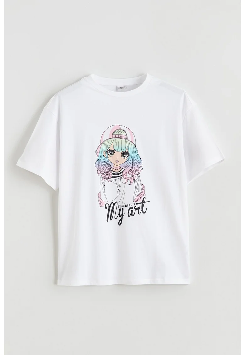 Tricou lejer de bumbac cu imprimeu, Alb/Roz pastel/Albastru deschis