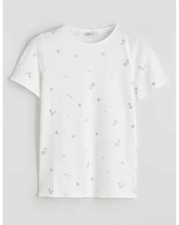 Tricou din bumbac cu model floral, Alb murdar