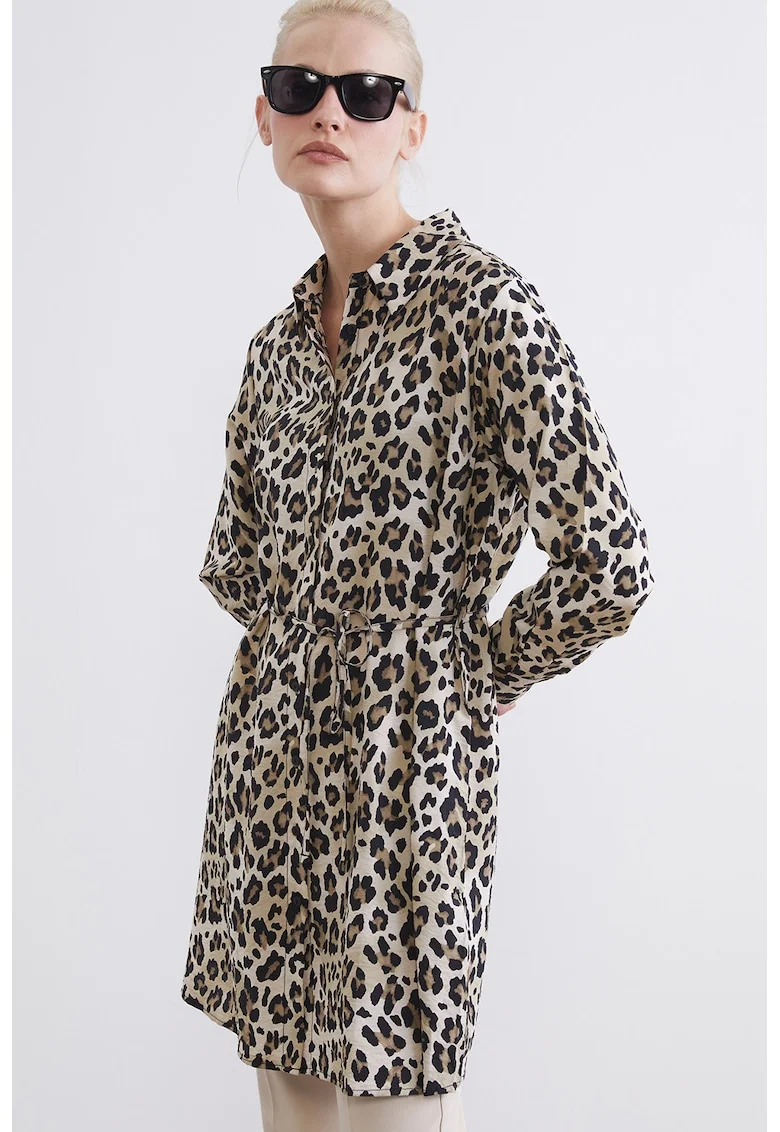 Rochie-camasa cu animal print, Negru/Maro taupe/Maro camel