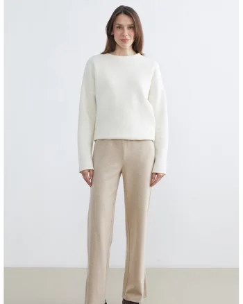 Pantaloni cu talie medie si model uni, Bej deschis