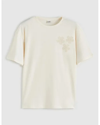 Tricou regular fit cu broderie, Alb murdar