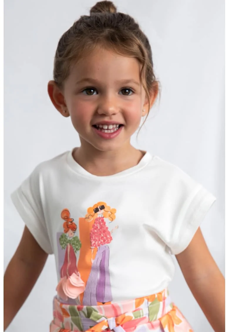 Tricou cu imprimeu grafic si decolteu la bza gatului, Piersica/Alb murdar