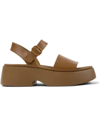 Sandale din piele cu talpa demi-wedge si catarama, Maro camel