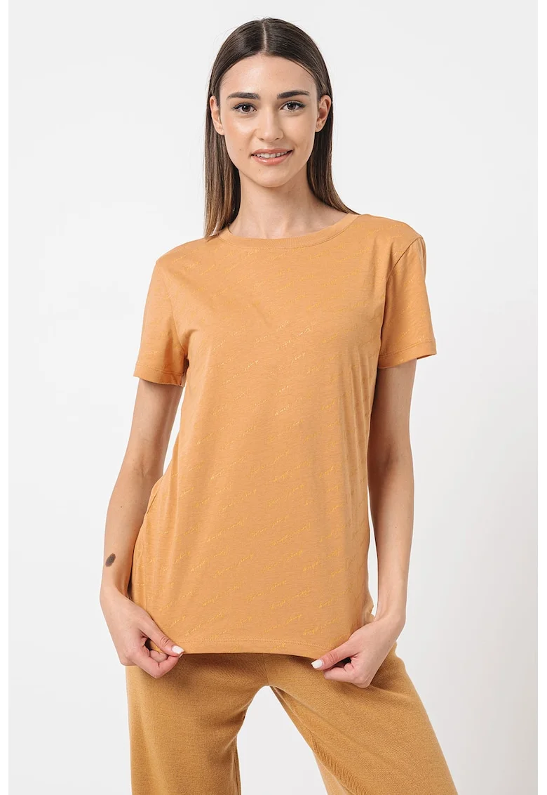 Tricou de bumbac cu decolteu la baza gatului, Maro deschis