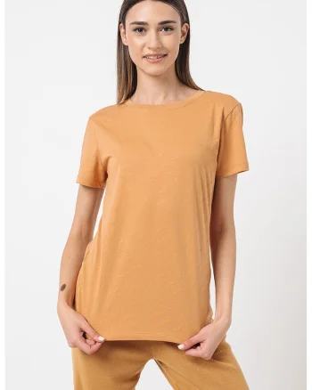 Tricou de bumbac cu decolteu la baza gatului, Maro deschis