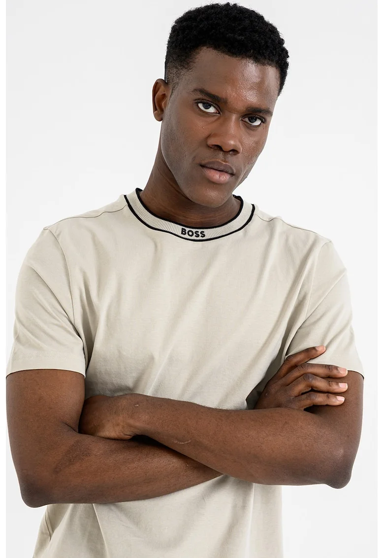 Tricou uni de bumbac cu decolteu la baza gatului, Negru/Bej