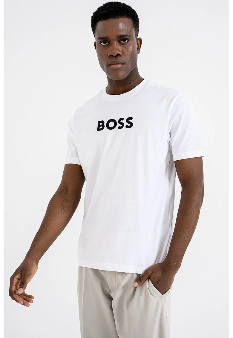 Tricou cu imprimeu logo si decolteu la baza gatului, Negru/Alb optic
