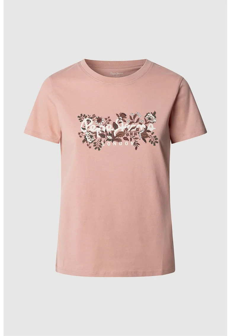 Tricou din bumbac cu logo, Maro inchis/Alb murdar/Roz prafuit