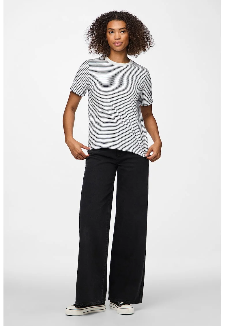 Tricou de bumbac organic cu decolteu la baza gatului, Alb/Mov inchis