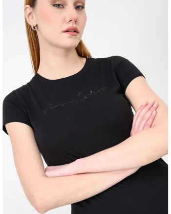 Tricou slim fit cu logo cu strasuri, Negru