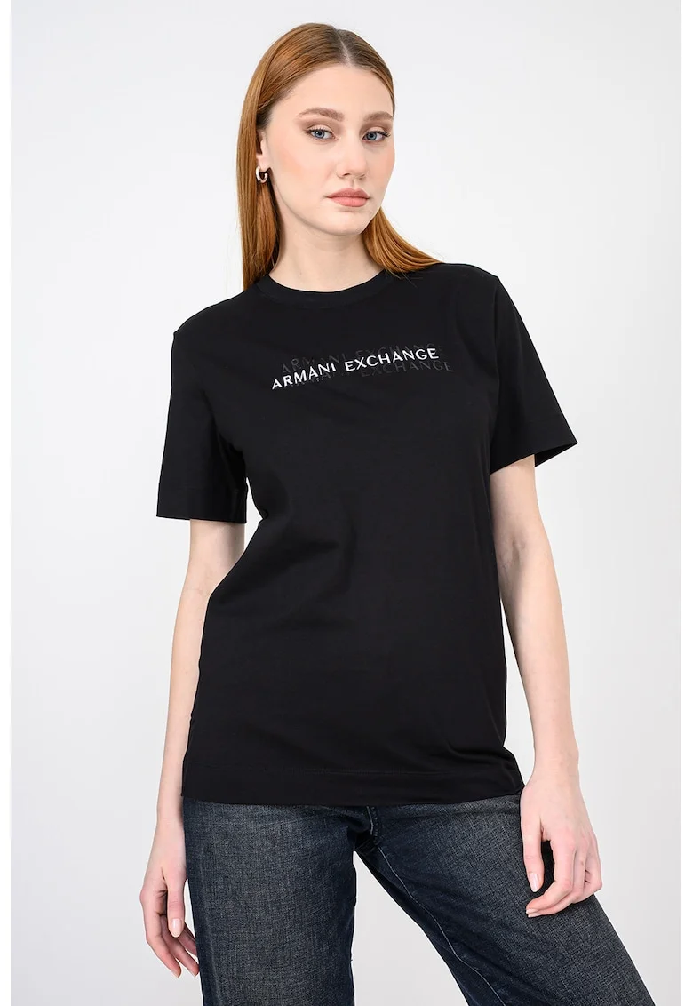 Tricou regular fit cu decolteu la bazza gatului, Negru/Alb optic
