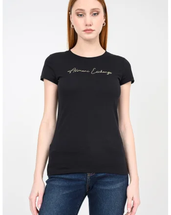 Tricou slim fit cu logo cu strasuri, Auriu/Negru