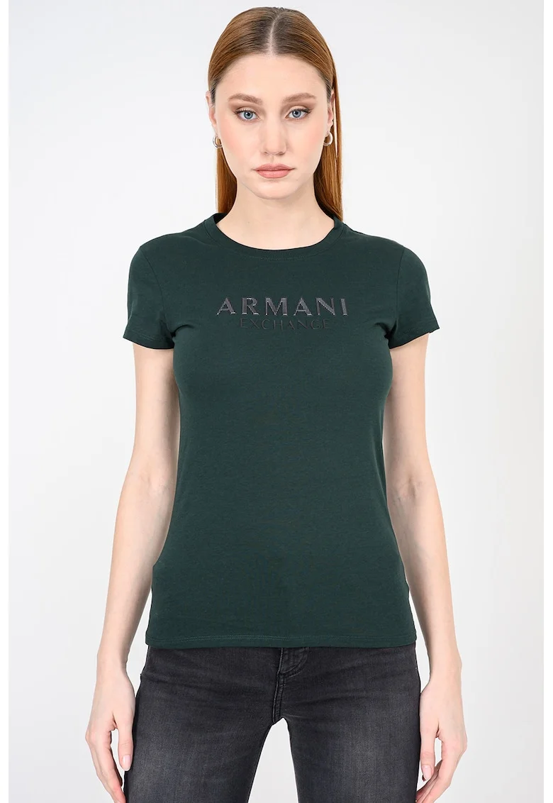 Tricou slim fit de bumbac cu imprimeu logo, Negru/Verde inchis