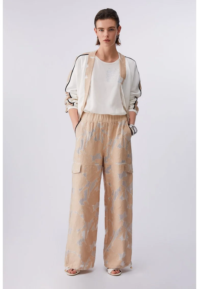 Pantaloni relaxed fit cu talie medie si elastica, Bej
