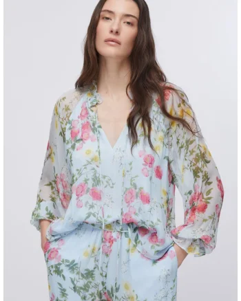 Bluza cu decolteu in V si model floral, Albastru deschis
