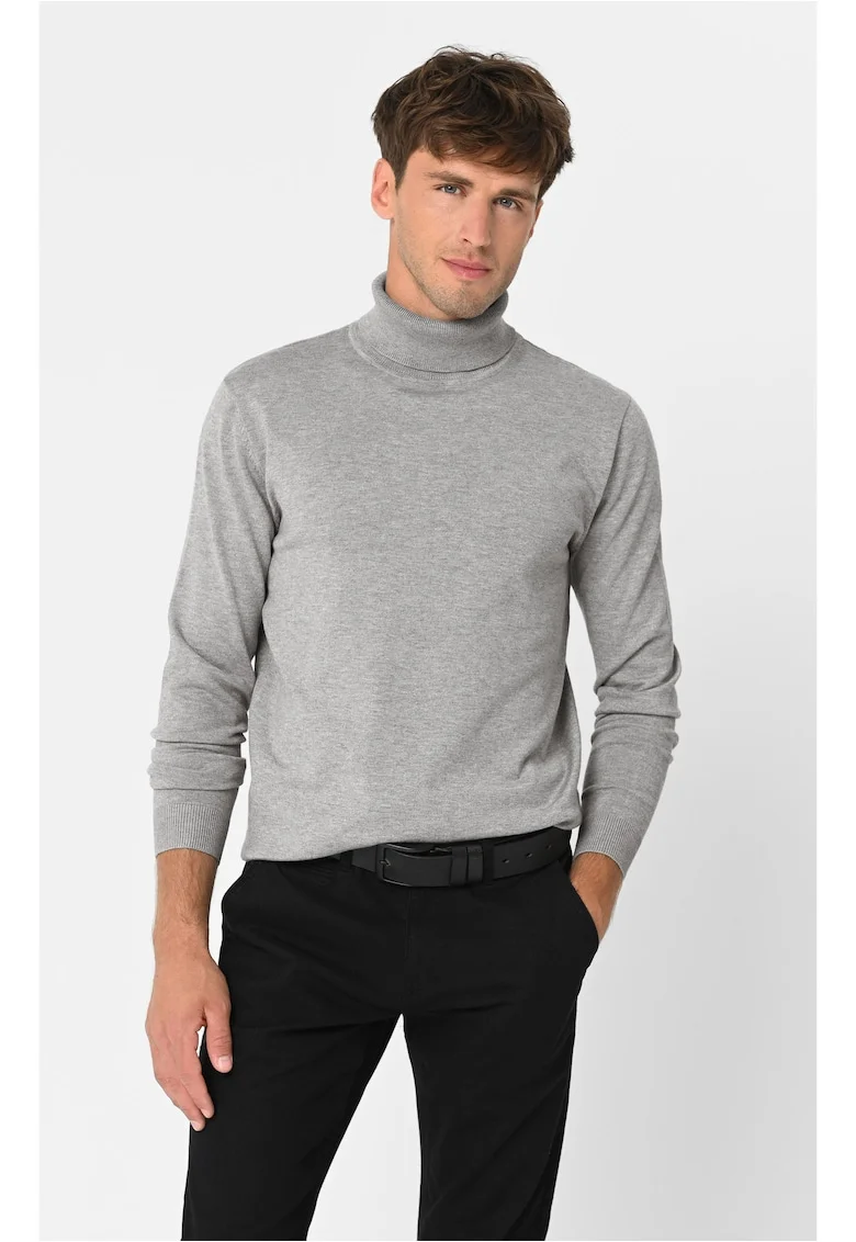 Pulover tricotat fin cu guler inalt,  S-Max, Bej melange, Gri melange