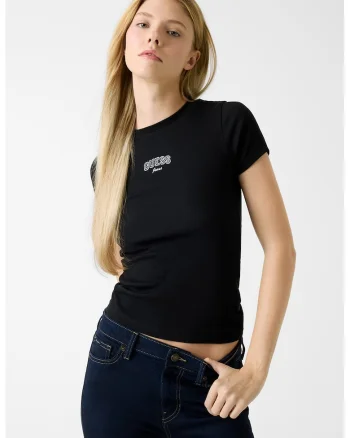Tricou slim fit cu decolteu la baza gatului, Negru