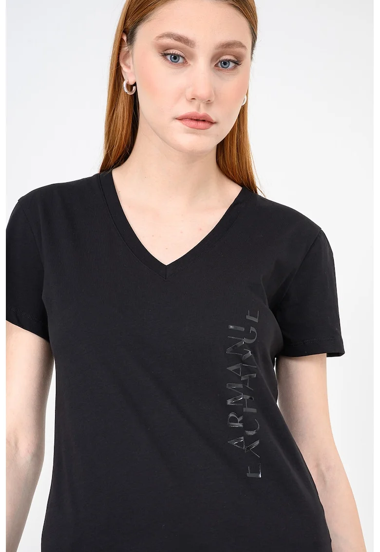 Tricou de bumbac cu decolteu in V si logo discret, Negru