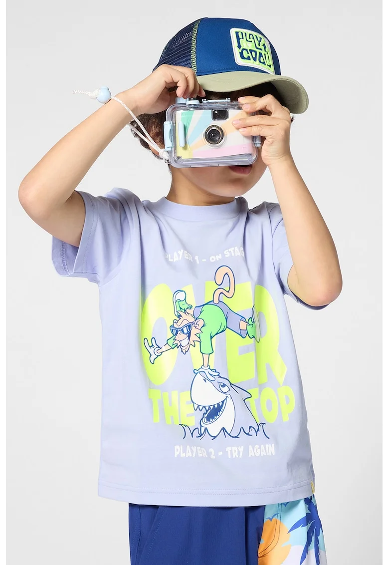 Tricou cu decolteu la baza gatului si imprimeu, Albastru prafuit