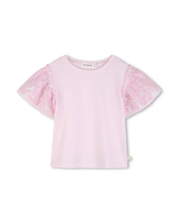 Tricou de bumbac cu maneci cu paiete, Roz pal