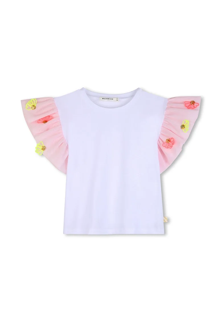 Tricou cu decolteu la baza gatului si maneci cu volane, Alb/Roz deschis