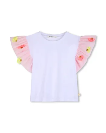Tricou cu decolteu la baza gatului si maneci cu volane, Alb/Roz deschis