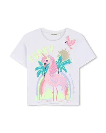 Tricou cu decolteu rotund si model grafic, Alb/Verde/Galben