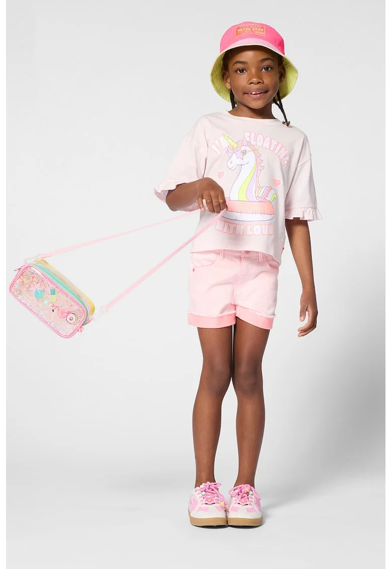 Tricou cu imprimeu cu unicorni si volan, Roz pastel