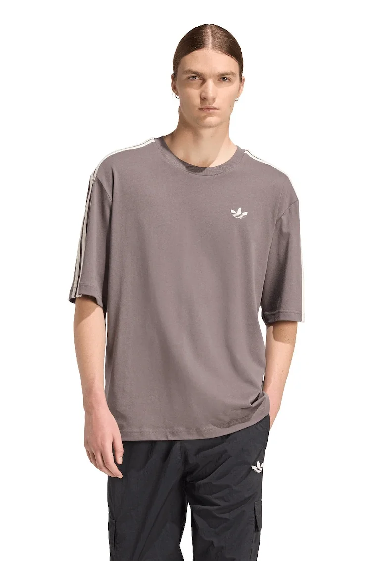 Tricou cu logo discret 3 Stripes, Alb/Maro inchis