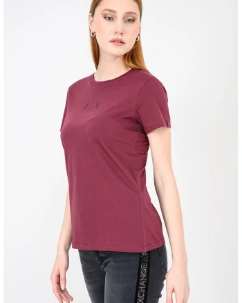 Tricou de bumbac cu logo cu strasuri, Negru/Violet pruna