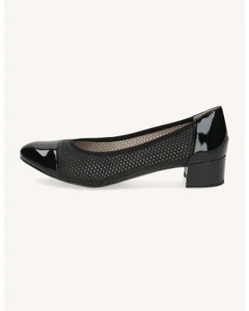 Pantofi din piele si piele ecologica cu toc masiv si design perforat, Negru