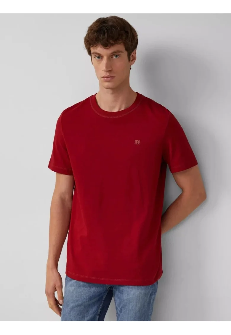 Tricou din jerseu gros, barbati, cu guler rotund si logo, Rosu inchis