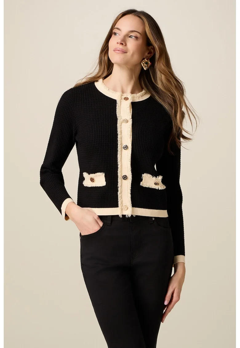 Cardigan cu aspect texturat si nasturi contrastanti, Negru/Crem