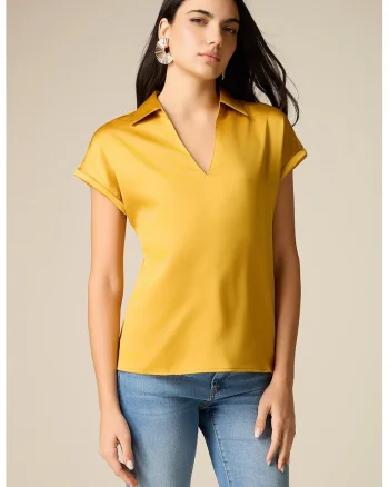 Tricou cu aspect de satin si decolteu in V, Ocru