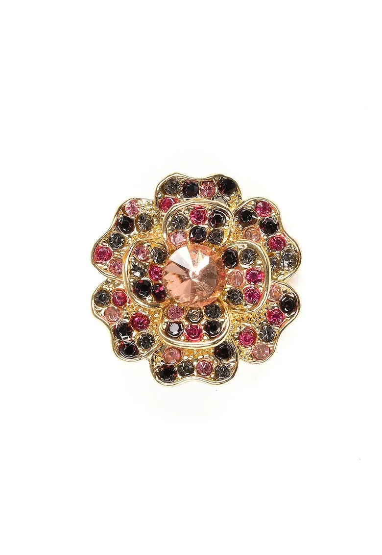 Brosa martisor floare aurie cu pietre roz si negre