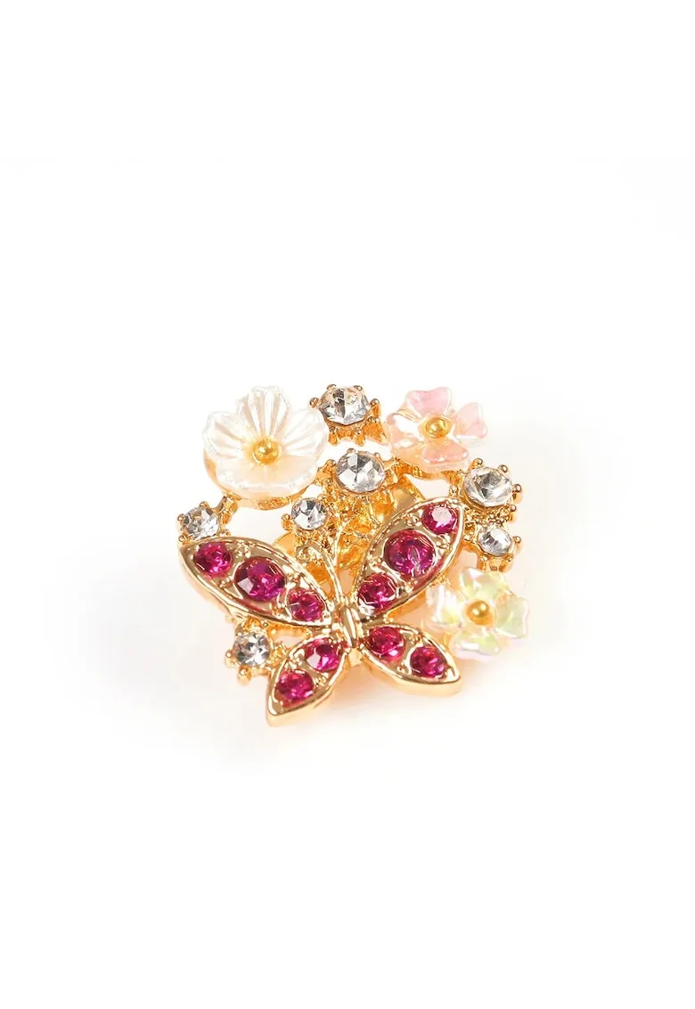 Brosa martisor fluture cu pietre roz si flori albe