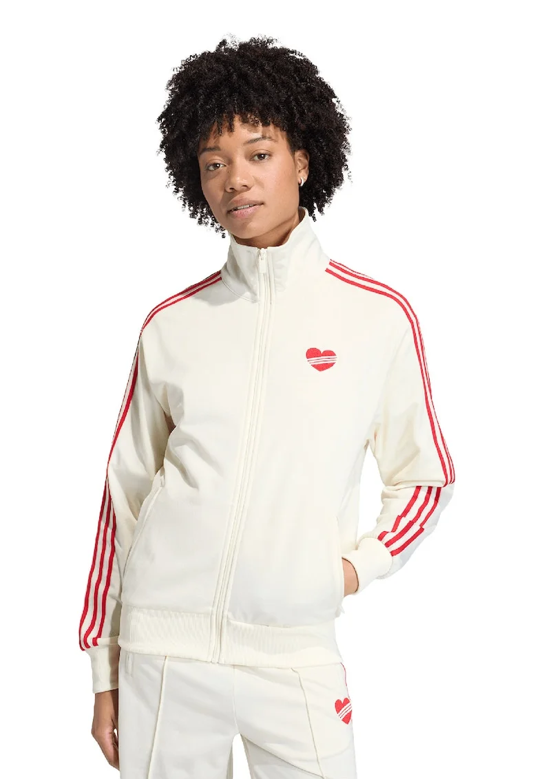 Bluza de trening cu croiala lejera, fermoar si logo, Rosu/Bej