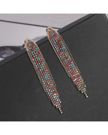 Cercei aurii, lungi, cu clips si pietre multicolore, Elan C2