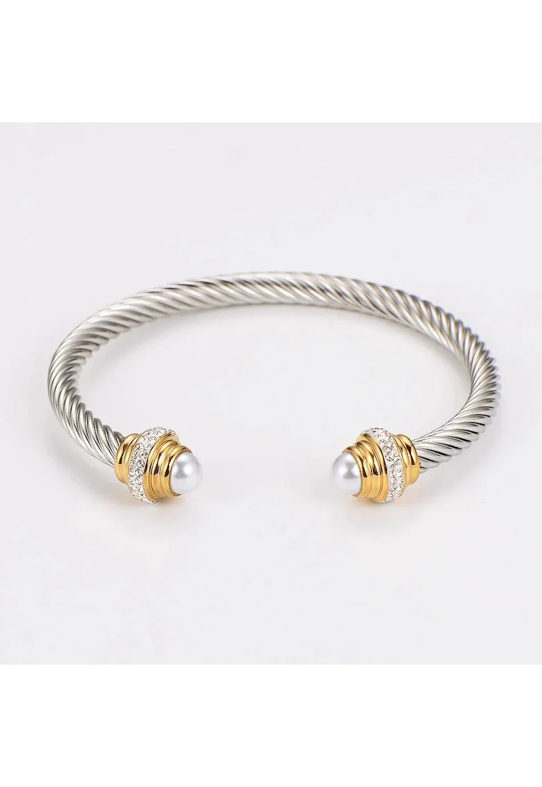 Bratara argintie, din otel inoxidabil, suflata cu aur 18k, tip bangle, cu pietre si perle, Petsy C4