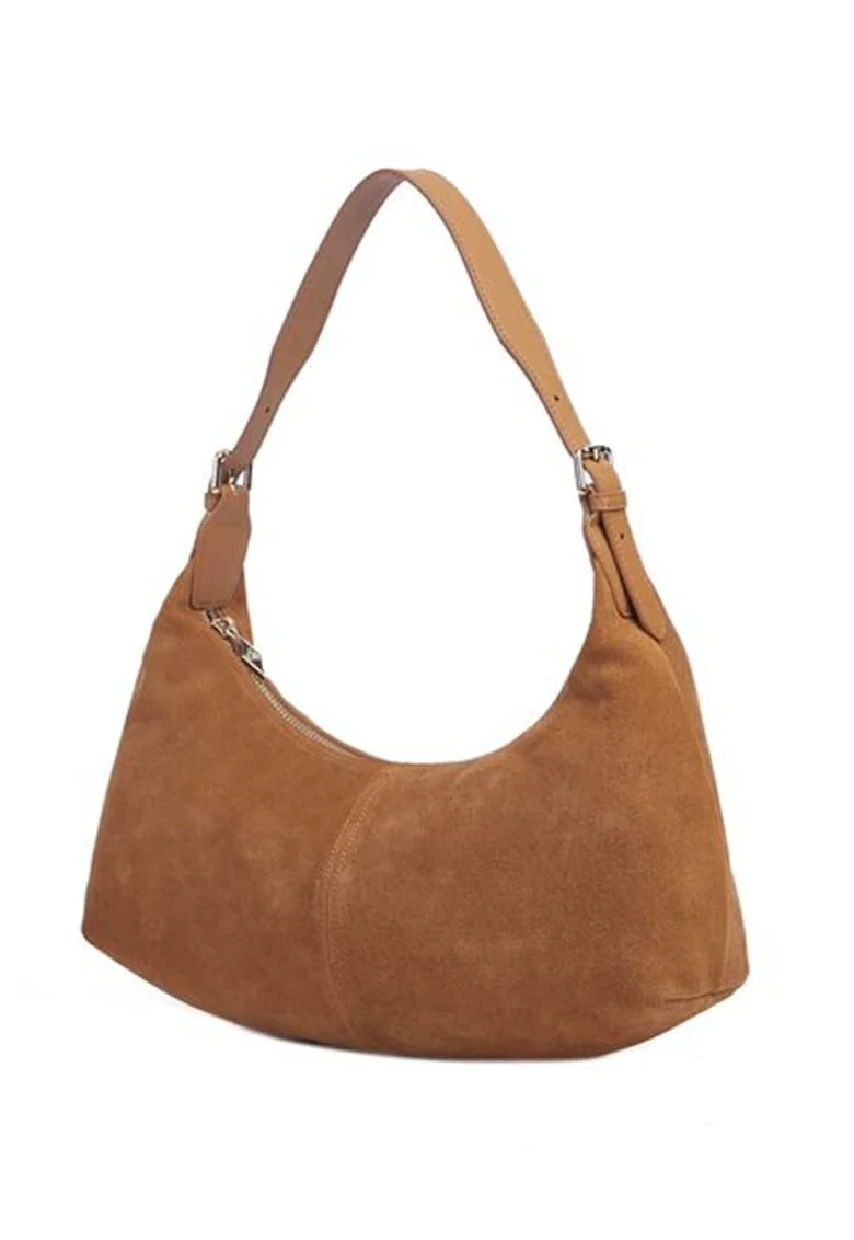 Geanta din piele intoarsa cu bareta umar ajustabila, Caramel, 21.5x31x8