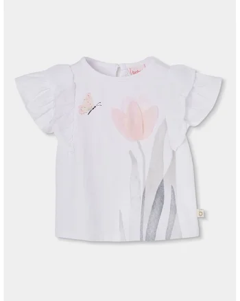 Tricou cu model floral si maneci cu volane, Gri/Alb murdar/Roz pal